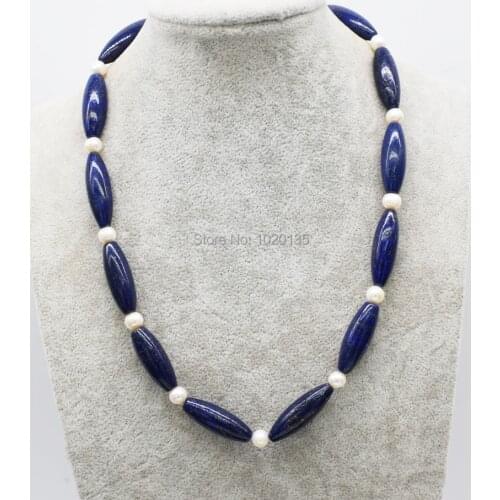 Lapis blue egg 10*30mm white pearl round necklace 19inch nature FPPJ wholesale