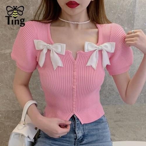 Tingfly Summer Fashion Crystal Bow Decor Puff Short Sleeve Casual Cropped Tees Knitting Streetwear Skinny Slim T-shirts Tops