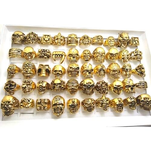 50 Piece/lot Wholesale Mix Big Gold Skull Biker Rings Men Rock Jewelry Top Quality Bohemian Statement Punk Rings
