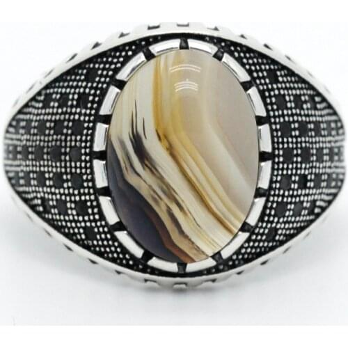 Real Natural Stone Ring Pure 925 Sterling Silver Ring For Men With Agate Stone Thai Silver Gear CZ Stone Turkish Party Jewelry