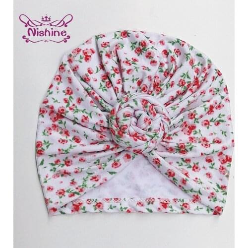Soft Comfortable Polyester Cotton Infant Hat and Elastic Hairband Set Vintage Print Knotted Baby Turban Cap Kid Hair Accessories