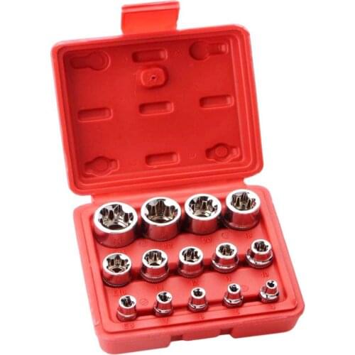 14 PCS Female E Torx Star Socket Set E4 - E24 Female External Torque Star Socket Set,1/4" 3/8" 1/2" Drive Inverted Torx Star Bit