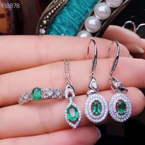 Natural green emerald Ring Pendant drop Earrings Natural Gemstone Jewelry Set 925 Silver Luxurious classical Women gift jewelry