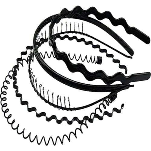D08E 5Pcs Men Women Black Multi-Style Metal Plastic Hair Hoop Spring Wavy Spiral Headband Simple Wash Face Sports Headwear