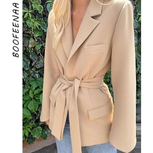 BOOFEENAA Blazer Women Spring 2021 New Tie Waist Slim Business Suit Coats and Jackets Vintage Cardigan Khaki Black C92-DI43