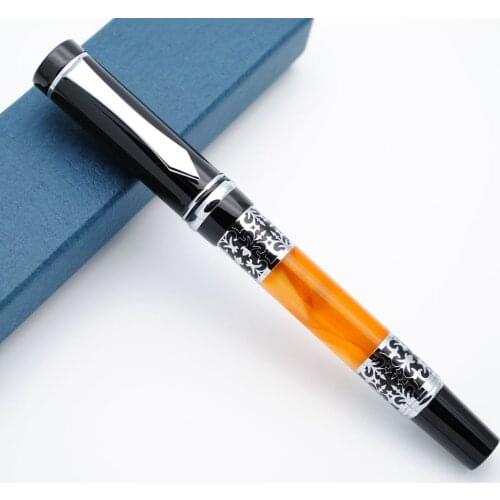 YIREN Luxury Celluloid Fountain Pen M Nib Beautiful Silver Flower Carving Ink Pen