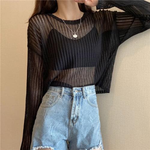 Net Red Thin Sunscreen Shirt 2021 New Autumn Korean Version Of Super Fire Hollow Long-sleeved Sweater Womens Top Tide