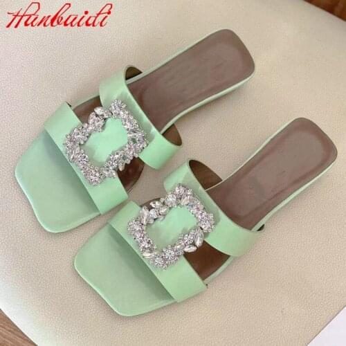 Diamond Buckle Decor Slides Women Genuine Leather Shoes Open Toe Mules New Design Summer Shoes Luxury Brand Designer Woman Shoes