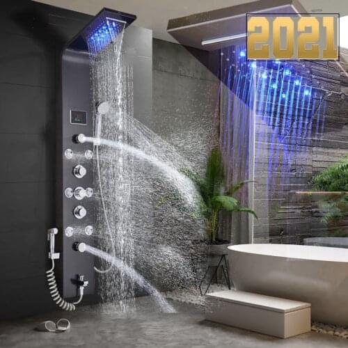LED Light Shower Faucet Bathroom Waterfall Rain Black Shower Panel In Wall Shower System with Spa Massage Sprayer and Bidet Tap