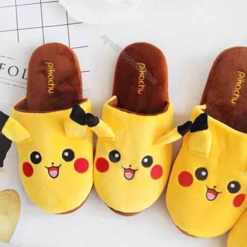 Pikachu Plush Slippers for Men Women Pokemon Cartoon Ears Wrap Toe Flat Shoes Couples Home Shoes Winter Non-slip Cotton Slippers