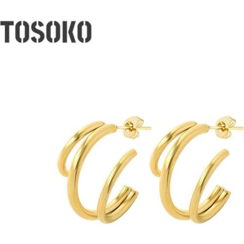 TOSOKO Stainless Steel Jewelry Multi Layer C-Shaped Earrings For Women Fashion Minimalism BSF307