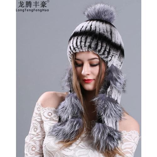 Knitted Rabbit Fur Hat With Fox Fur Pom Poms 100% Natural Fur Genuine Fur Caps For Women Knitting Wool Beanies Female Caps Lady