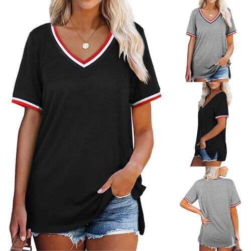 Womens Fashion Solid Color V-Neck Stripe Stitching Short Sleeve T-Shirt