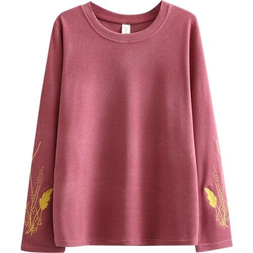 Wheat Embroidery Plus Size T Shirt Women Shirt 2020 Autumn T-Shirt Female Tops Tee Ladies Loose Tshirt K72-1042