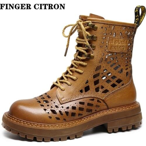 Finger Citron Women Martin Anckle Boots Genuine Cow Leather Laser Hole Rubber Outsole By Handmade Slim Lady Style Size 35-42