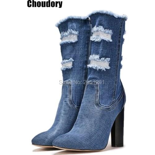 Spring summer women vogue denim boots retro cut-outs jeans open toe sandal boots mid-calf stieltto High heel dress pumps