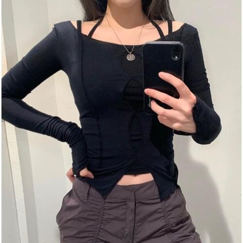 Women Fashion Patchwork Hollow Long Sleeve T-Shirts Autumn Ladies Black Purple Casual O-Neck Slim Top Shirts