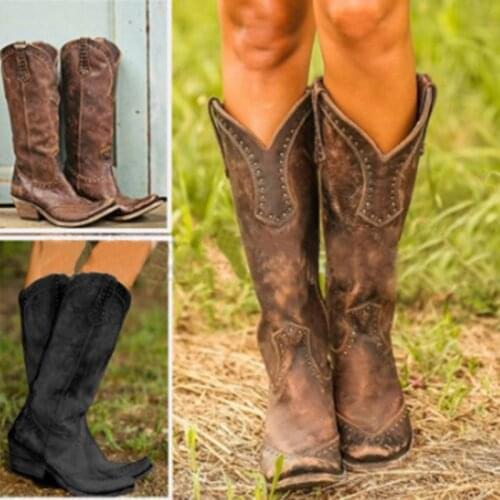 Womans Medieval Retro Tall Tube Boots Rivet Kinght Hunter Cowboy Shoes Viking Cosplay Halloween Carnival High Sheel Shoes