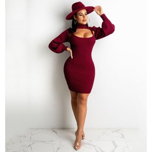 Womens Ribbed Solid Knitted Party Bodycon Mini Dress+Turtleneck Long Sleeve Shawl Fashion Autumn 2021 Ladies Slim Two Piece Set