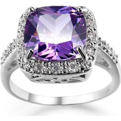 Purple Square Cut Halo Ring White Gold Filled Wedding Party Women Ring Size 6,7,8,9,10