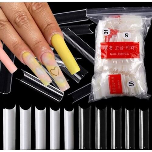 500pcs Extra Long Square False Nails C Curved Straight Nail Art Tips Natural Transparent Acrylic Fake Nail Salon Manicure Tools