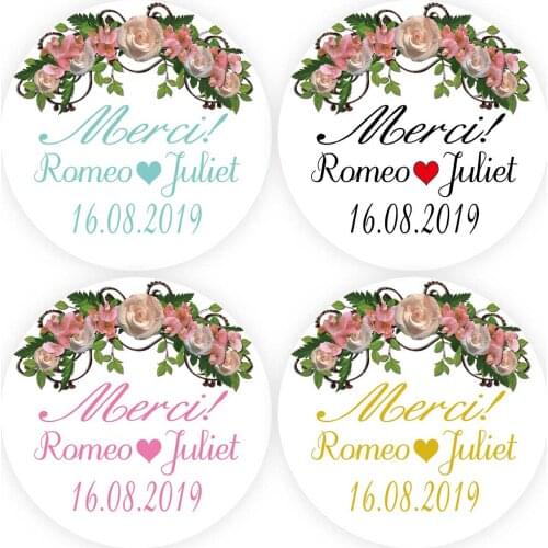 DouxArt 100 Pieces 40mm Stickers Personalized Merci - Flowers Dragees Wedding Communion Baptism Party Favors Gift Seals Labels