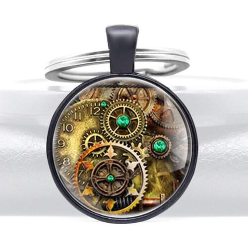 Classic Steampunk Gear Design Glass Cabochon Keychain Pendant Necklace Men Women key Ring Jewelry Accessories Gifts
