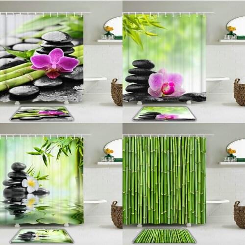 Zen Stone Green Plants Bamboo Shower Curtain Set Waterproof Fabric Flower Bathroom Curtains Toilet Non-slip Mat Bath Foor Mat