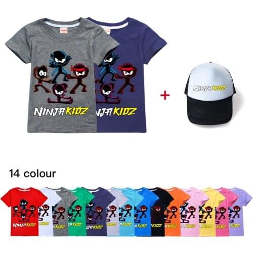 Summer NINJA KIDZ T Shirt Kids Funny Casual Street Fashion T-shirt Children Boy Girl Clothes Cool Tshirt Tops Tees 2-16Y+cap