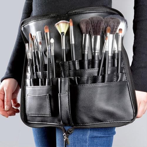 Professional Leather Makeup Brushes Organizer Bag with Waist Belt Strap, Zipper, Portable Makeup Artist Cosmetic Storage Case