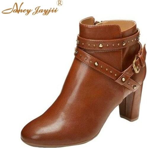 Women Adult Ladies Boots Solid Ankle Zipper Round Toe Buckle Spring/Autumn Super High Square heel Rivet Concise Nancyjayjii 2019
