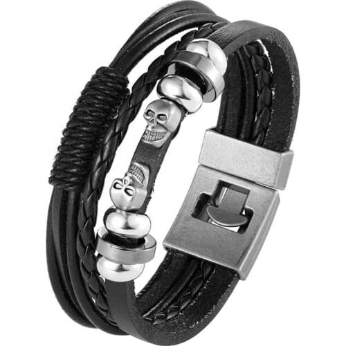 Charm Multilayer Leather Bracelet Skull Geometric Beads Braided Bangle for Men Women Punk Male Jewelry Gifts Valentines Gifts