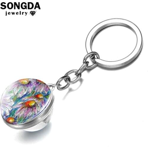 SONGDA Summer Little Daisy Keychain White Daisies Artist Oil Painting 3D Printed Double Side Glass Ball Key Ring Bag Accessories