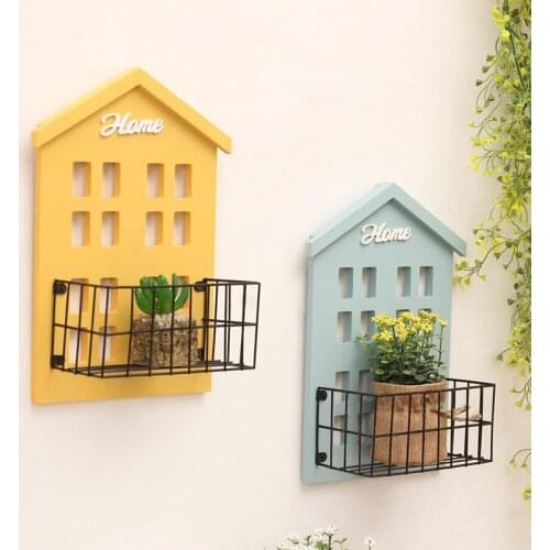 European style house storage rack decoration Creative wall wrought iron wooden flower stand Home kitchen bathroom storage