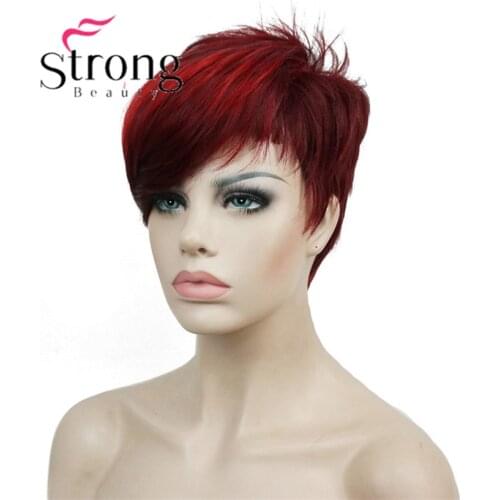 StrongBeauty Short Side Bang Red Asymetrical Straight Wig Full Synthetic Wigs COLOUR CHOICES