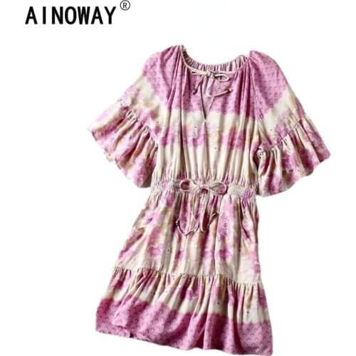 Vintage Chic women hippie floral print sashes elestic waist Bohemian mini dress ladies flare sleeve Boho dresses vestidos