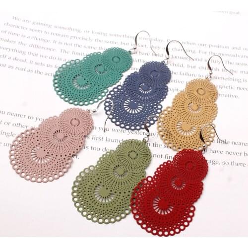 Korean Leaf Vintage Drop Earrings For Women Alloy Round Ethnic Pattern Flower Long Big Colorful Dangle Earrings Fashion Jewelry
