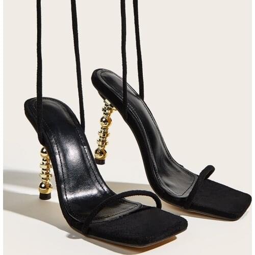 2021 New Summer Women Sandals Sexy Square Toe Lace Up Women Gladiator Sandals Metal High Heels Party Shoes Black Size 41