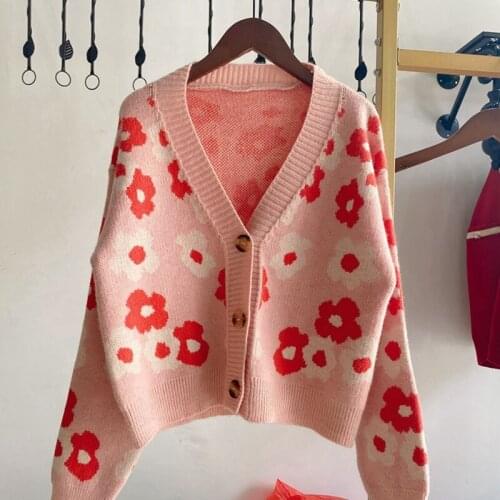 Womens Short Cardigan Knitted Sweater Long Sleeve Buttoned Floral Print 2021 Fall New Casual College Style High Street Loose