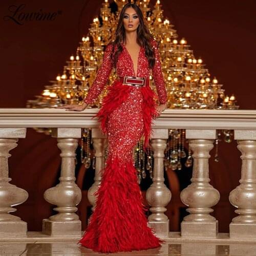 Feather Evening Gown Formal Dress Vestido Festa Longo 2020 V Neck Mermaid Red Beaded Party Dress Full Sleeves Long Prom Dresses