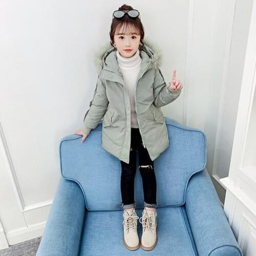 Winter Girls Parka Jacket Long Hooded Fur Collar Cotton Coat For Kids Children Warm Comfortable Outerwear Clothing TZ759