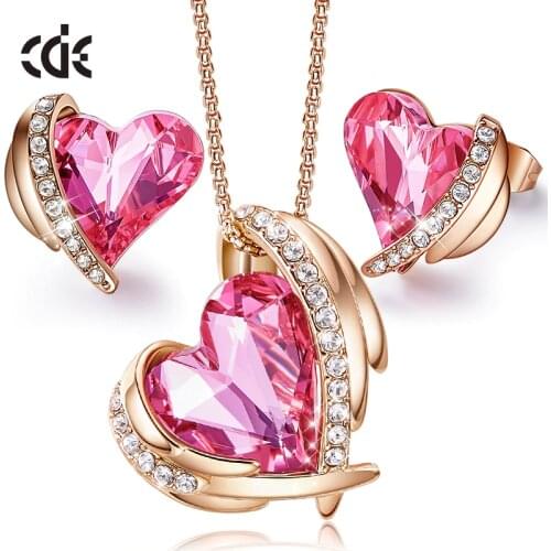 CDE Women Gold Jewelry Set Embellished with Crystals Pink Heart Necklace Earrings Sets Valentines Day Gift