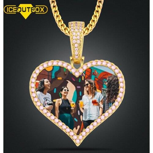 Personality Heart Custom Made Picture Memory Medallions Solid Pendant Necklace Purple Pink Cubic Zircon For Mens Hip Hop Jewelry