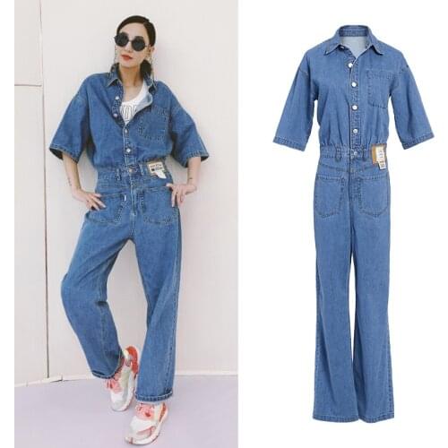 Denim Overalls Romper Women Jeans Jumpsuit Fall 2020 Fashion Streetwear Lapel Short Sleeve Straight Long Blue Jeans Jumpsuits