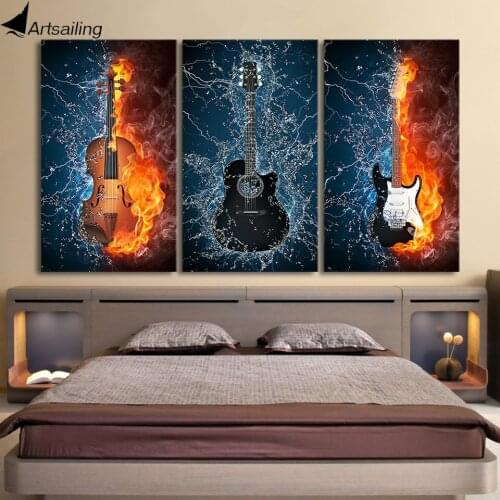 HD Print 3 Panels Canvas Art Black Burning fire Guitar Music Painting Room Decor Canvas Wall Art Posters Picture NY-6611C