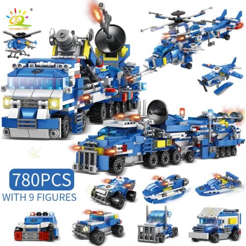 HUIQIBAO 780PCS City Kriss Super Police Truck Building Blocks Military Car Aircraft Plane Forces Figures Bricks Toys For Child
