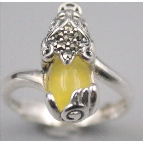 Free Shipping S925 Sterling Silver Ring Women Luck Yellow Chalcedony Pixiu Ring 18mmW / Best Gift