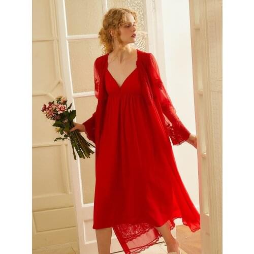 Summer Red Color Womens 2-Pics Robe Sets V-neck Long Sleeve Royal Roupas De Dormir Femininas Embroidery Lace Sexy Sleepwear