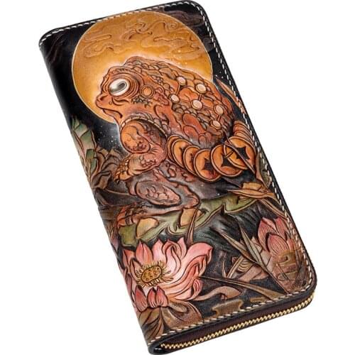Genuine Leather Wallets Carving Toad Raven With Three Feet Purses Men Long Clutch Vegetable Tanned Leather Wallet Card Holder