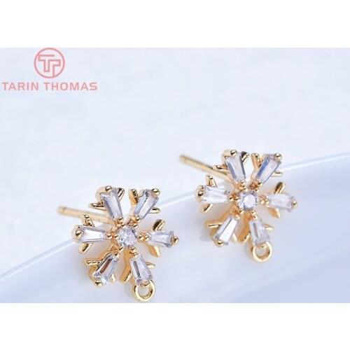 4PCS 11MM 24K Gold Color Brass with Zircon Snow Stud Earrings High Quality Diy Jewelry Findings Accessories